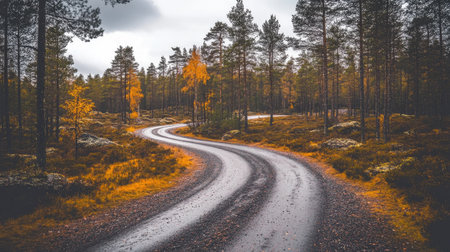 A winding road meanders through a captivating autumn forest, surrounded by vibrant foliage. The scene evokes tranquility and a sense of adventure.の素材