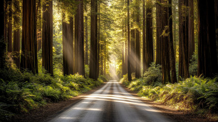 A serene forest pathway illuminated by sunlight filtering through tall trees. This calming landscape invites exploration and connection with nature.の素材