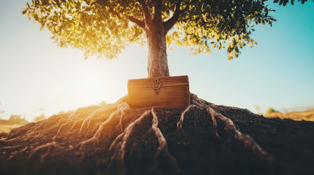 A tranquil tree stands proudly, with roots exposed and a wooden treasure box at its base, illuminated by warm sunlight, symbolizing discovery and nature's beauty.の素材