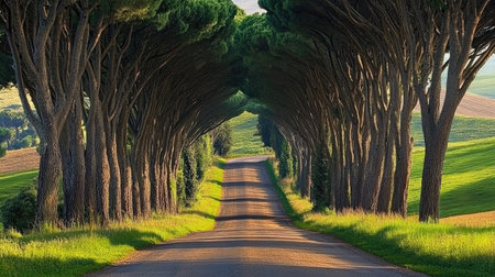 A picturesque tree-lined road stretches through lush green fields, offering a serene escape into nature. The sunlight filters through the foliage, creating a tranquil atmosphere.の素材