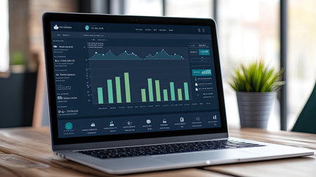 A sleek laptop displaying an analytics dashboard with colorful graphs and charts. The modern workspace features a green plant, emphasizing professionalism and technology.の素材