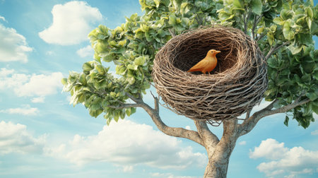A charming scene featuring a yellow bird perched in a cozy nest atop a tree, surrounded by vibrant green leaves under a bright blue sky. Perfect for nature lovers!の素材