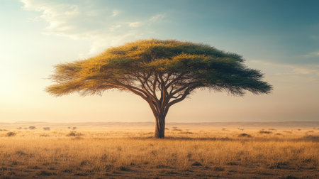 A stunning tree stands alone in a vast golden landscape, embracing the soft light of morning. This serene scene captures the essence of nature's beauty and tranquility.の素材