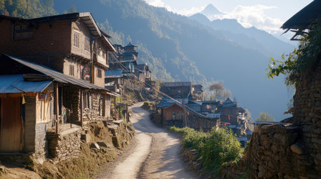 Explore a serene mountain village scene featuring rustic homes along a winding pathway. The tranquil landscape showcases stunning peaks and natural beauty.の素材