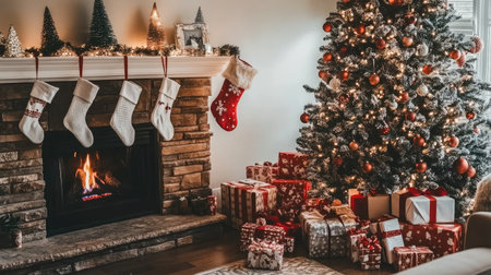 A cozy Christmas living room features a beautifully decorated tree, stockings hung by the fireplace, and an array of wrapped gifts, creating a festive atmosphere.の素材
