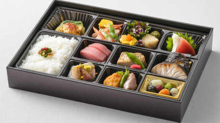 A beautifully arranged Japanese bento box featuring a variety of dishes including rice, seafood, vegetables, and seasonal delicacies. Perfect for a nutritious meal.の素材