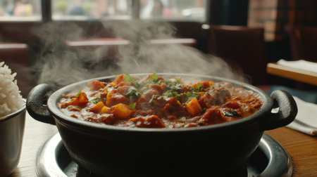 A steaming bowl of hearty vegetable stew, showcasing fresh ingredients and aromatic herbs, perfect for a cozy meal or shared dining experience.の素材