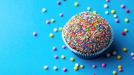 A vibrant cupcake topped with an array of colorful sprinkles on a bright blue surface. Perfect for celebrations, parties, and sweet indulgences.の素材