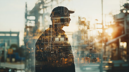 A silhouette of a worker stands against an industrial backdrop, enhanced by an abstract overlay. This image captures the essence of technology and industry at sunset.の素材