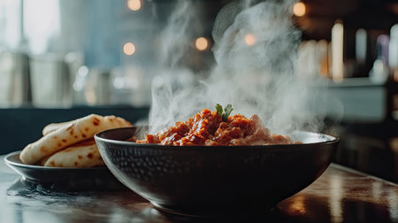 A steaming bowl of flavorful curry accompanied by fresh bread, showcasing a cozy dining experience in a rustic restaurant setting. Perfect for food lovers.の素材