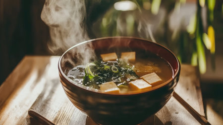 A steaming bowl of nutritious soup with tofu, seaweed, and fresh greens, perfect for a cozy meal. Enjoy the warmth and flavor of this comforting dish.の素材