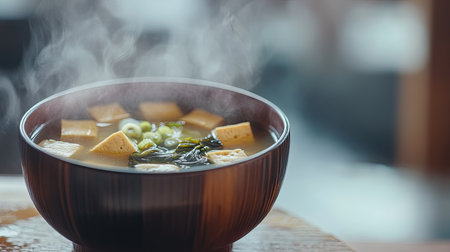 A steaming bowl of vegetable soup featuring tofu and greens, set on a wooden table. This inviting dish radiates warmth and wholesome nutrition.の素材