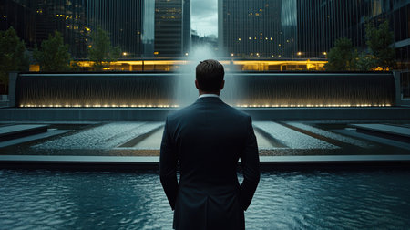 A businessman gazes over a tranquil urban water feature at dusk, highlighting the calming beauty of modern architecture mixed with nature's elegance.の素材