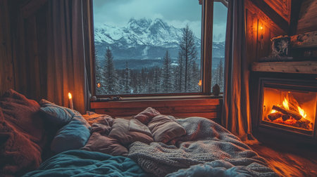 A cozy cabin interior featuring a comfortable bed with blankets, a glowing fireplace, and a beautiful mountain view framed by a snowy landscape.の素材