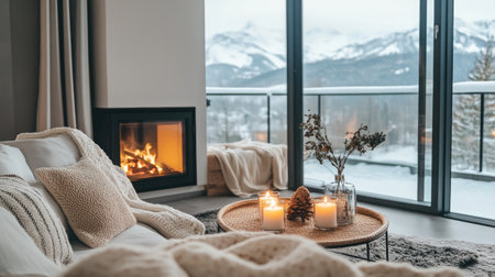A cozy winter living room featuring a warm fireplace, stylish decor, and a stunning mountain view, perfect for relaxation during the chilly season.の素材