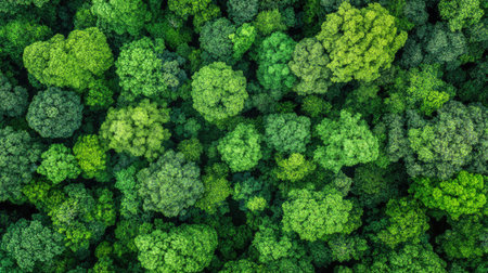 A breathtaking aerial view of a lush green forest canopy, showcasing the vibrant diversity of trees and foliage, perfect for nature and landscape themes.の素材
