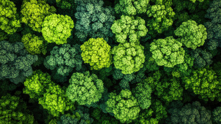 This aerial image captures a dense canopy of green trees, showcasing the vibrant colors and textures of the forest. Perfect for nature themes.の素材