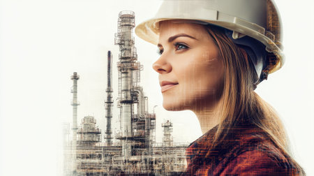 A professional woman in a hard hat stands confidently at an industrial site, symbolizing empowerment in engineering and technology fields.の素材