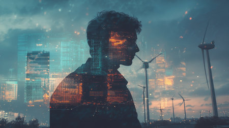 A contemplative silhouette of a man stands against a backdrop of wind turbines and a vibrant cityscape, symbolizing the fusion of nature and technology for a sustainable future.の素材