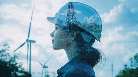 A thoughtful woman engineer wearing a helmet stands against a backdrop of wind turbines and an expansive sky, symbolizing future energy innovations.の素材