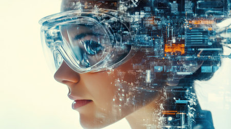 A captivating portrait of a woman wearing futuristic glasses, surrounded by a digital overlay representing advanced technology and innovation. Ideal for concepts of science and creativity.の素材
