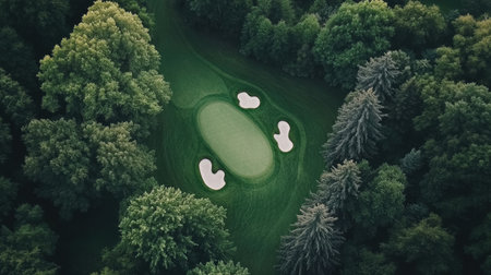 Explore this serene aerial view of a golf course nestled among lush trees. The vibrant greens and sandy bunkers create a picturesque outdoor scene for relaxation.の素材