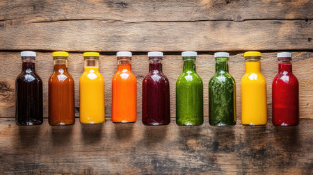Assorted colorful juice bottles are arranged on a rustic wooden surface, showcasing vibrant hues and promoting a healthy lifestyle with fresh ingredients.の素材