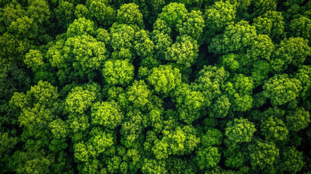 An aerial view of a lush green forest showcasing thick foliage and vibrant trees. This serene landscape evokes a sense of peace and connection with nature.の素材