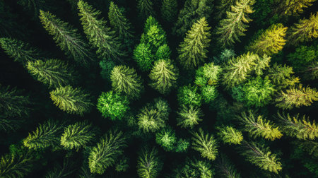 Experience the stunning beauty of a lush green forest captured from above, showcasing vibrant trees and a thriving ecosystem under the sunlight.の素材