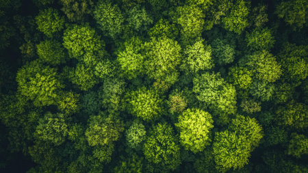 Explore the vibrant greenery of a lush forest canopy captured from above, showcasing a rich tapestry of trees and foliage under soft daylight.の素材