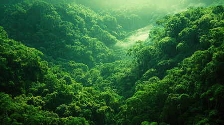 Explore a breathtaking jungle landscape filled with vibrant greenery, shrouded in mist and sunlight. A serene and tranquil natural setting awaits.の素材