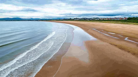 A serene coastal view showcasing a sandy beach and gentle waves under a cloudy sky. Perfect for travel and nature themes, inviting relaxation.の素材