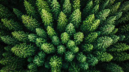 Aerial view of a dense green forest displaying rows of towering trees. The captivating patterns of tree tops create a peaceful and serene atmosphere.の素材