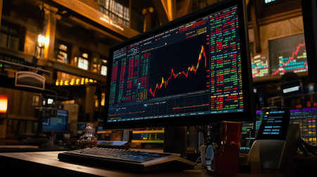 A close-up view of a computer screen displaying stock market data in a trading room, highlighting graphs and charts that depict financial trends and analytics.の素材