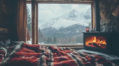 A cozy cabin setting featuring a warm fireplace and a stunning mountain view through the window, perfect for winter relaxation and comfort.の素材