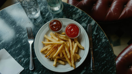 A delightful plate of crispy French fries served with two bowls of ketchup, perfect for a casual dining experience or a quick snack. Ideal for food lovers.の素材