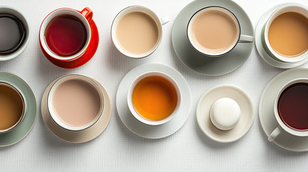 An overhead view of various cups filled with tea and coffee, showcasing a colorful array of beverages ideal for breakfast or afternoon enjoyment.の素材