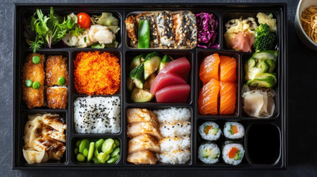 A beautifully arranged bento box featuring a variety of sushi, sashimi, and fresh vegetables. Perfect for showcasing Japanese culinary artistry and vibrant flavors.の素材