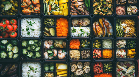 Explore a vibrant collection of diverse dishes arranged in bento boxes, showcasing a variety of flavors, fresh ingredients, and enticing presentation.の素材