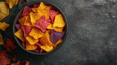 A vibrant display of colorful tortilla chips in a dark bowl, set against a textured background. Ideal for snack or party themes, this image captures the fun and appeal of sharing delicious treats.の素材