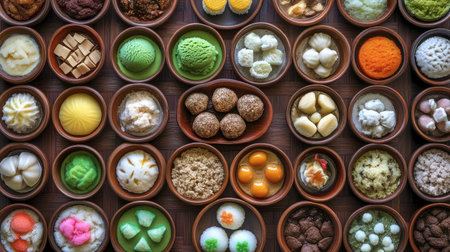 An eye-catching display of various traditional desserts arranged in bowls, showcasing vibrant colors and unique textures perfect for food lovers.の素材