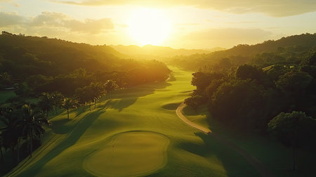 A tranquil golf course bathed in golden sunlight at sunset, surrounded by lush greenery and hills, perfect for relaxation and outdoor recreation.の素材