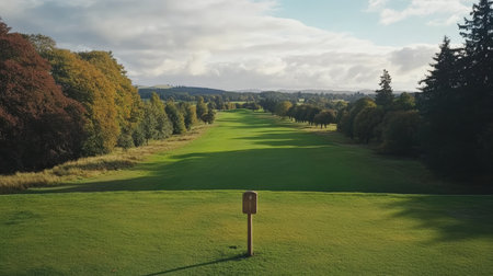Experience the serene beauty of a lush green golf course, featuring vibrant trees and a clear blue sky, perfect for outdoor sports and relaxation.の素材