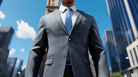 A confident businessman in a stylish suit stands against an urban skyline, embodying professionalism and success in a modern city environment.の素材