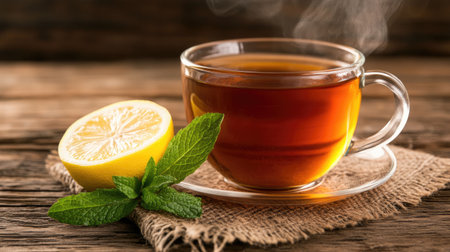 A warm cup of tea enhanced with fresh lemon and mint on a rustic wooden background, evoking comfort and relaxation in a cozy environment.の素材