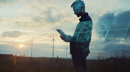 A silhouette of a man using a tablet against a backdrop of wind turbines at sunset. This image symbolizes technology and renewable energy in harmony with nature.の素材