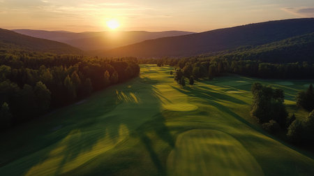 Capture the beauty of a serene sunset over a lush golf course. The image showcases gentle rolling hills, vibrant greenery, and a tranquil horizon.の素材