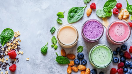 Four colorful smoothies displayed with fresh ingredients like berries, spinach, and almonds, showcasing a healthy lifestyle and vibrant nutrition.の素材