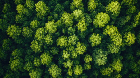 Aerial view of a vibrant green forest canopy, showcasing the dense treetops and lush foliage. Perfect for nature lovers and eco-themed projects.の素材
