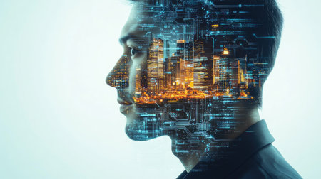 A striking digital portrait blending a man's profile with a futuristic cityscape, showcasing the intersection of technology and urban living.の素材